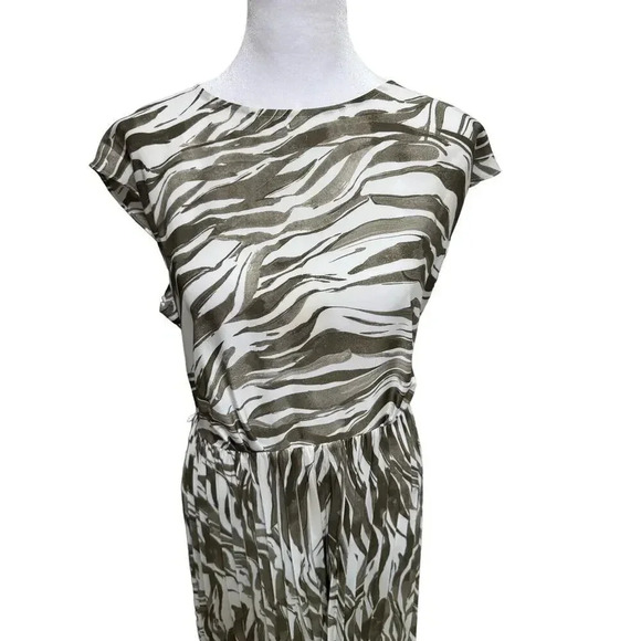 Nine West Pleated Midi Dress Size Large Greenish Brown Cream Zebra Print - Picture 2 of 7